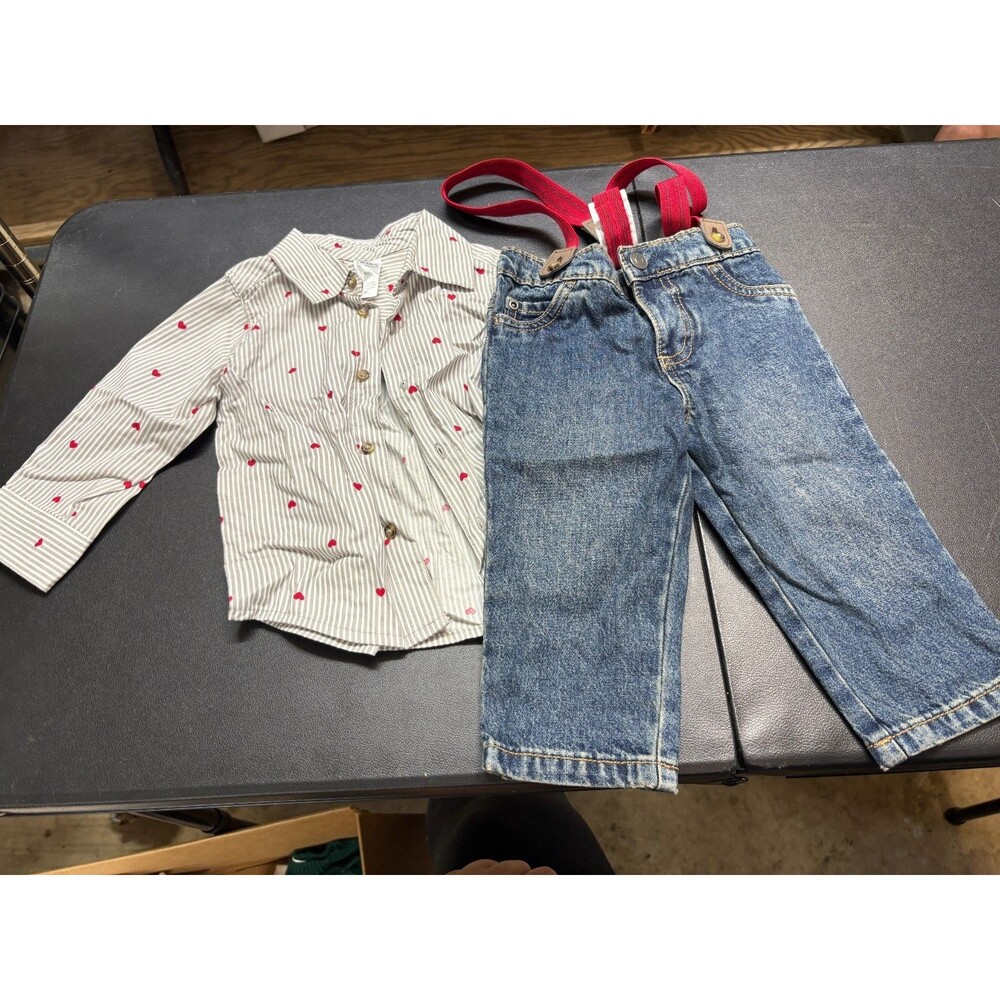 Boy's 9 Months long sleeve button down shirt w/ Jeans & suspenders
